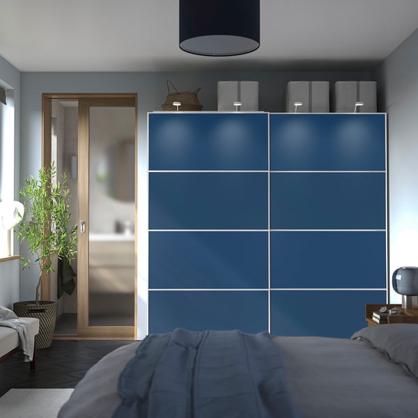 PAX / MEHAMN Armario+puertas corredizas, blanco blanco/doble cara azul, 78 3/4x26x79 1/4 "