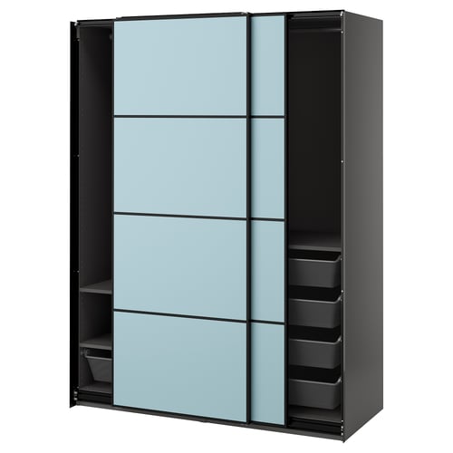 PAX / MEHAMN Armario+puertas corredizas, gris oscuro/doble cara azul claro, 59x26x79 1/4 "