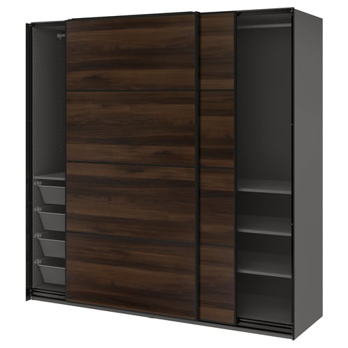 PAX / MEHAMN Armario+puertas corredizas, gris oscuro negro/doble cara efecto roble en marrón oscuro, 78 3/4x26x79 1/4 "