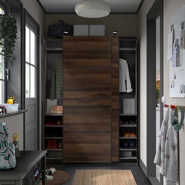 PAX / MEHAMN Armario+puertas corredizas, gris oscuro negro/doble cara efecto roble en marrón oscuro, 59x16 7/8x79 1/4 "