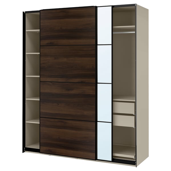 PAX / MEHAMN/AULI Armario+puertas corredizas, beige grisáceo negro/efecto roble en marrón oscuro espejo de vidrio, 78 3/4x26x93 1/8 "
