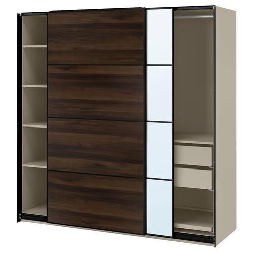 PAX / MEHAMN/AULI Armario+puertas corredizas, beige grisáceo negro/efecto roble en marrón oscuro espejo de vidrio, 78 3/4x26x79 1/4 "