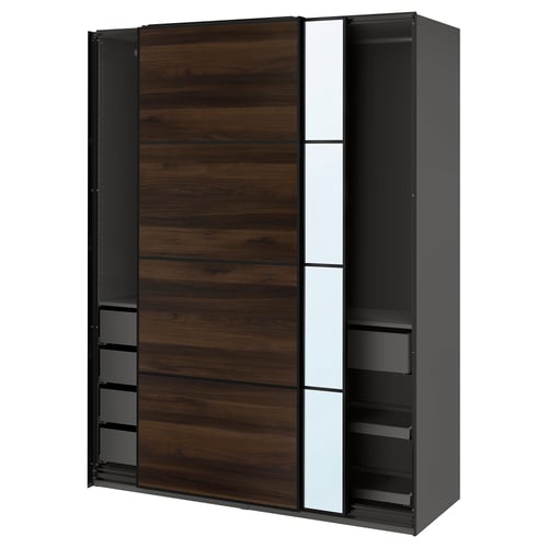 PAX / MEHAMN/AULI Armario+puertas corredizas, gris oscuro negro/efecto roble en marrón oscuro espejo de vidrio, 59x26x79 1/8 "