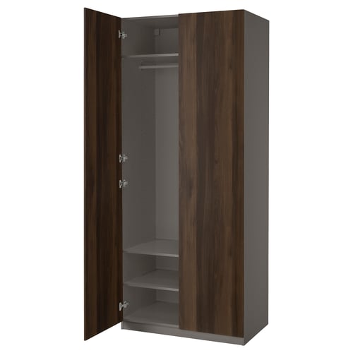 PAX / STORKLINTA Combinación de armario, gris oscuro/marrón oscuro efecto roble teñido, 39 3/8x23 5/8x93 1/8 "