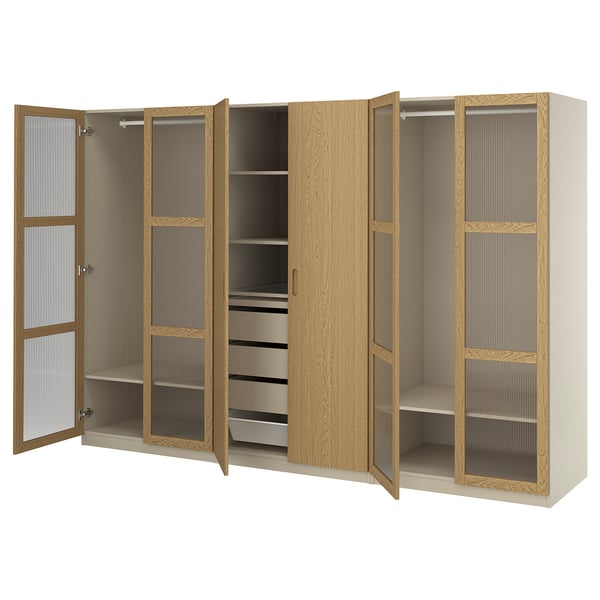 PAX / TONSTAD Combinación de armario, beige grisáceo/chapa de roble vidrio, 118 1/8x23 5/8x79 1/4 "