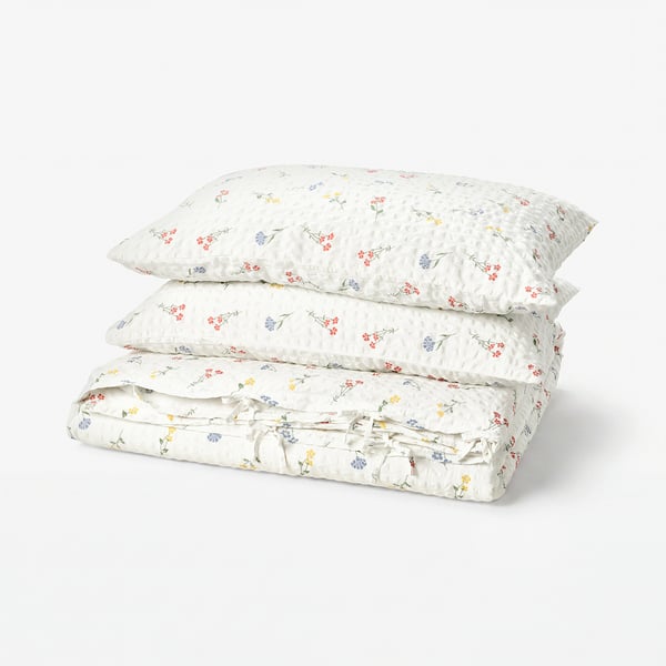 PILDVÄRGMAL Funda nórdica+funda(s) de almohada, blanco/motivo floral, Tamaño King