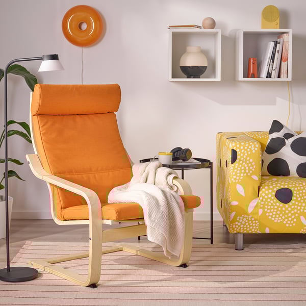 POÄNG Sillón, chapa de abedul/Knisa naranja brillante