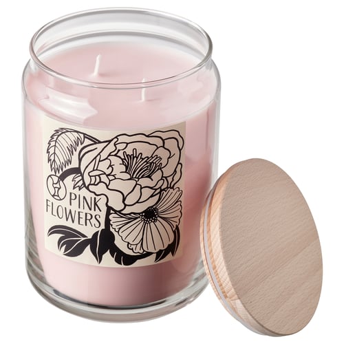 PRAKTHÄGER Vela arom/recipiente+tapa/2 mechas, Flores rosa rosado claro, 100 hr