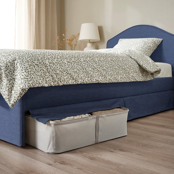 RAMNEFJÄLL Base de cama tapizada, Kilanda azul oscuro, Tamaño twin