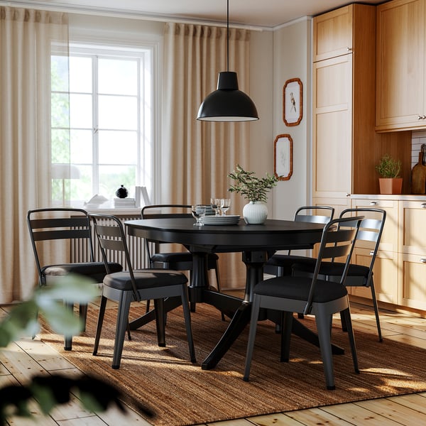 ROSENTORP / RAMSNÄS Mesa y 6 sillas, negro/negro, 63/84 5/8x43 1/4 "