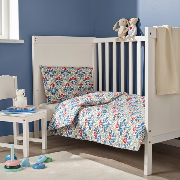 SÄTERVIDE Funda nórdica+funda almohada cuna, blanco azul/motivo floral, 43 1/4x49 1/4/13 3/4x21 5/8 "