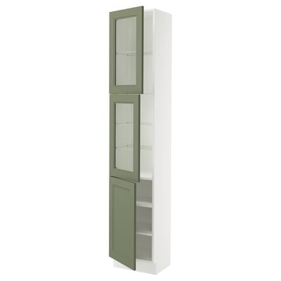 SEKTION Gabinete alto+2 puertas vidrio/1 pt, blanco/Axstad gris-verde, 18x15x90 "