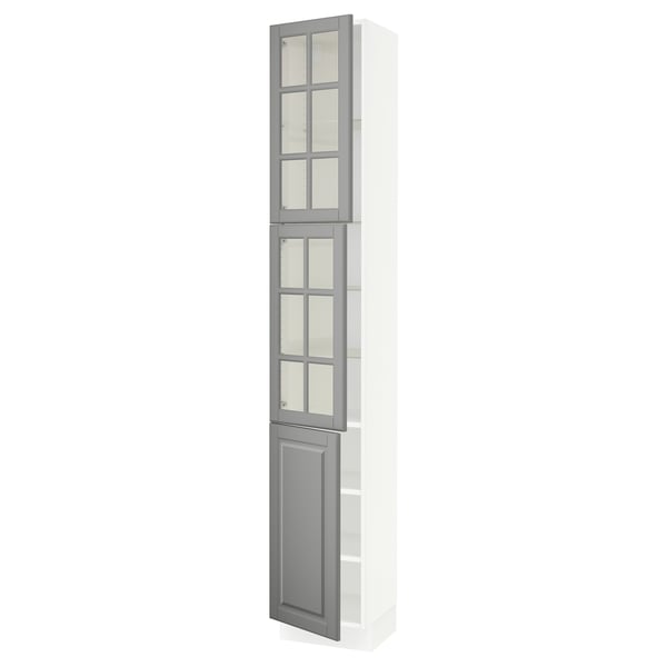 SEKTION Gabinete alto+2 puertas vidrio/1 pt, blanco/Bodbyn gris, 15x15x90 "
