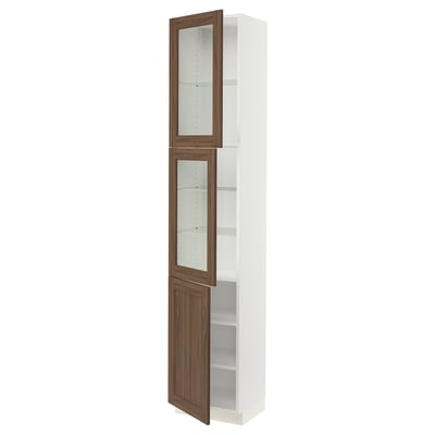 SEKTION Gabinete alto+2 puertas vidrio/1 pt, blanco Enköping/marrón efecto de nogal, 18x15x90 "