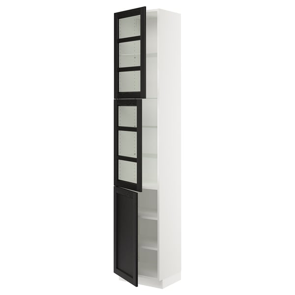 SEKTION Gabinete alto+2 puertas vidrio/1 pt, blanco/Lerhyttan teñido en negro, 18x15x90 "