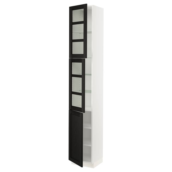 SEKTION Gabinete alto+2 puertas vidrio/1 pt, blanco/Lerhyttan teñido en negro, 15x15x90 "