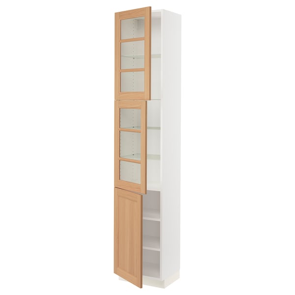 SEKTION Gabinete alto+2 puertas vidrio/1 pt, blanco/Vedhamn roble, 18x15x90 "