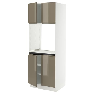 SEKTION Gabinete alto para horno+4 puertas, blanco/Voxtorp marrón grisáceo oscuro alto brillo, 30x24x80 "