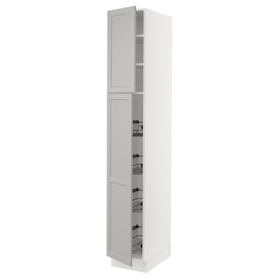 SEKTION Gabinete alto+prta/canastas alambre, blanco/Lerhyttan gris claro, 15x24x90 "