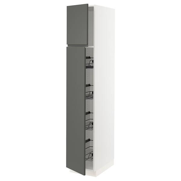 SEKTION Gabinete alto+prta/canastas alambre, blanco/Voxtorp gris oscuro, 15x24x80 "