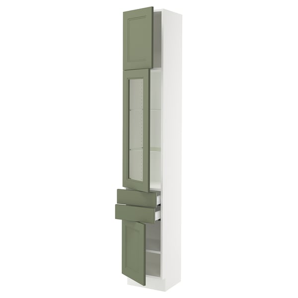 SEKTION Gabinete alto+puerta vidrio/2 prta, blanco/Axstad gris-verde, 15x15x90 "