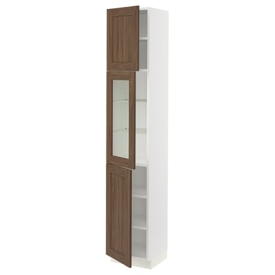 SEKTION Gabinete alto+puerta vidrio/2 prta, blanco Enköping/marrón efecto de nogal, 15x15x80 "