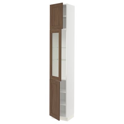 SEKTION Gabinete alto+puerta vidrio/2 prta, blanco Enköping/marrón efecto de nogal, 15x15x90 "