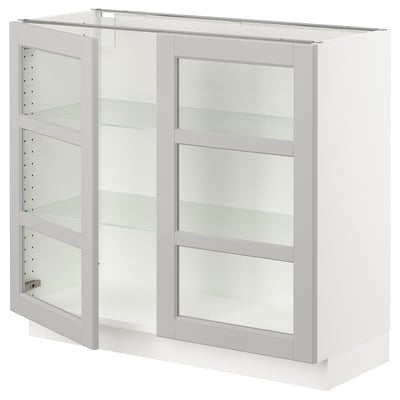 SEKTION Gabinete bajo+2 puertas de vidrio, blanco/Lerhyttan gris claro, 36x15x30 "