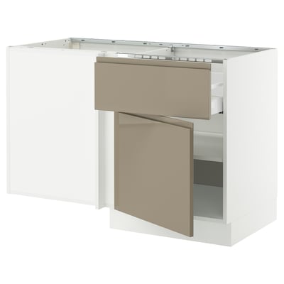 SEKTION Gabinete bajo esquina+cajón+estante, blanco/Voxtorp marrón grisáceo oscuro alto brillo, 50x24x30 "