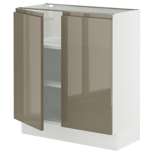 SEKTION Gabinete bajo+estantes/2 puertas, blanco/Voxtorp marrón grisáceo oscuro alto brillo, 30x15x30 "