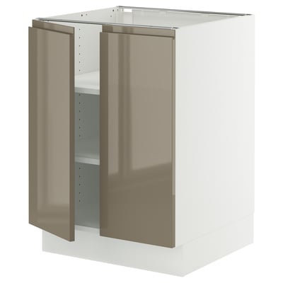 SEKTION Gabinete bajo+estantes/2 puertas, blanco/Voxtorp marrón grisáceo oscuro alto brillo, 24x24x30 "