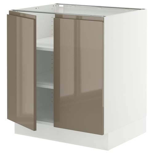 SEKTION Gabinete bajo+estantes/2 puertas, blanco/Voxtorp marrón grisáceo oscuro alto brillo, 30x24x30 "