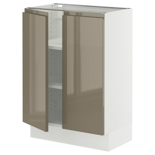 SEKTION Gabinete bajo+estantes/2 puertas, blanco/Voxtorp marrón grisáceo oscuro alto brillo, 24x15x30 "