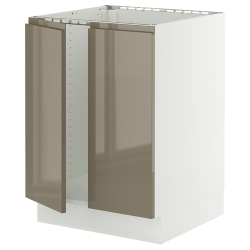SEKTION Gabinete bajo fregadero+2 puertas, blanco/Voxtorp marrón grisáceo oscuro alto brillo, 24x24x30 "