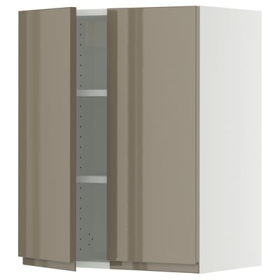 SEKTION Gabinete de pared+2 puertas, blanco/Voxtorp marrón grisáceo oscuro alto brillo, 24x15x30 "
