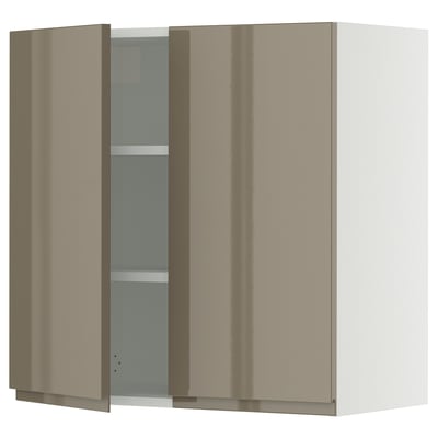 SEKTION Gabinete de pared+2 puertas, blanco/Voxtorp marrón grisáceo oscuro alto brillo, 30x15x30 "