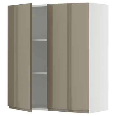 SEKTION Gabinete de pared+2 puertas, blanco/Voxtorp marrón grisáceo oscuro alto brillo, 36x15x40 "