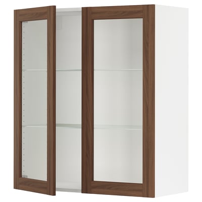 SEKTION Gabinete pared+2 puertas de vidrio, blanco Enköping/marrón efecto de nogal, 36x15x40 "