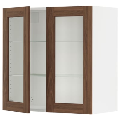 SEKTION Gabinete pared+2 puertas de vidrio, blanco Enköping/marrón efecto de nogal, 30x15x30 "