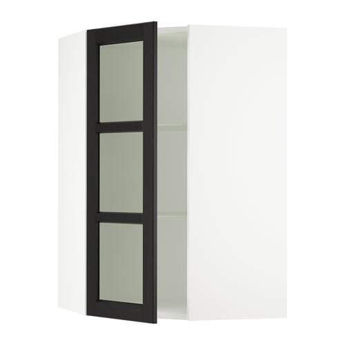 SEKTION Gabinete prd esquina+stn/cjn vidrio, blanco/Lerhyttan teñido en negro, 26x15x40 "