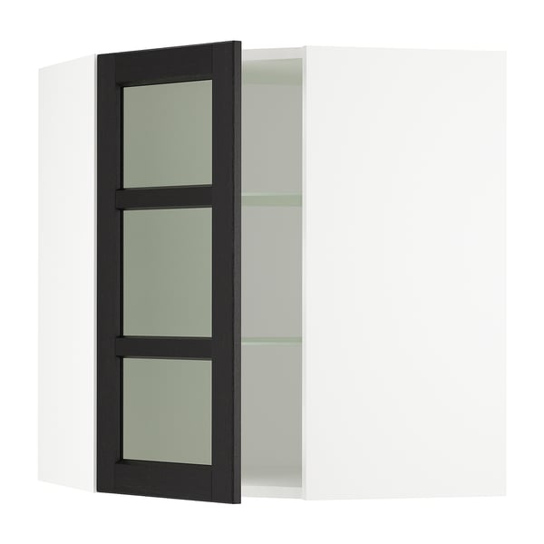 SEKTION Gabinete prd esquina+stn/cjn vidrio, blanco/Lerhyttan teñido en negro, 26x15x30 "