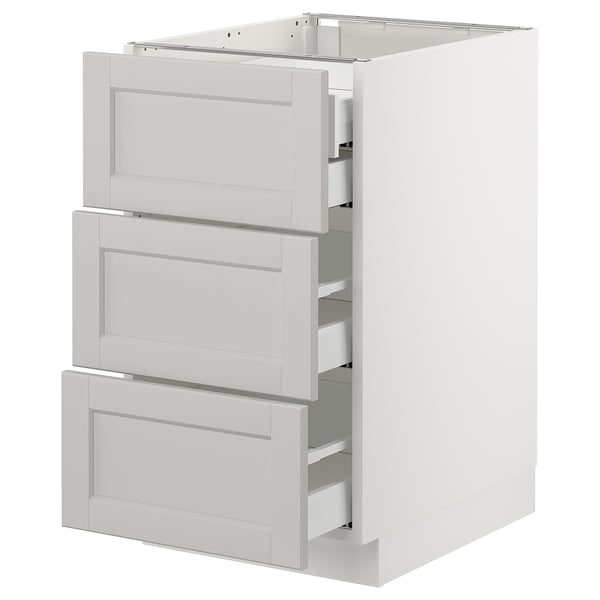 SEKTION Gabnete bajo+3 frentes/4 cajones, blanco Maximera/Lerhyttan gris claro, 18x24x30 "