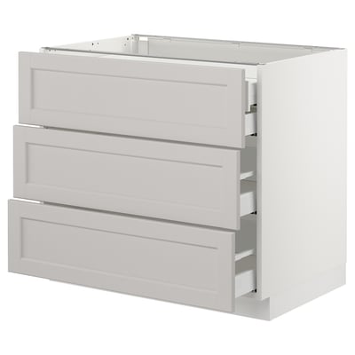 SEKTION Gabnete bajo+3 frentes/4 cajones, blanco Maximera/Lerhyttan gris claro, 36x24x30 "