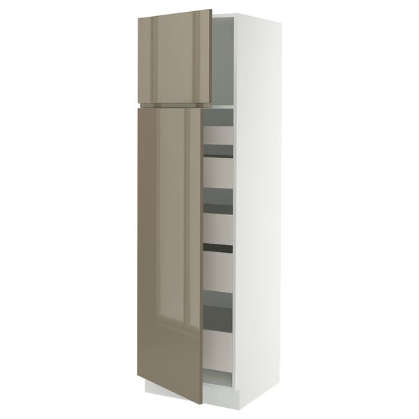 SEKTION / MAXIMERA Gabinete alto+2 prta/estantes/5 cjn, blanco/Voxtorp marrón grisáceo oscuro alto brillo, 24x24x80 "