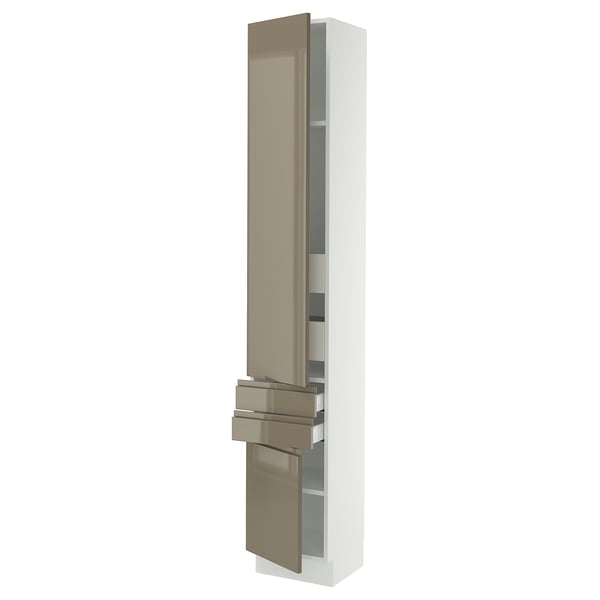 SEKTION / MAXIMERA Gabinete alto+2 puertas/2 frnt/4cjn, blanco/Voxtorp marrón grisáceo oscuro alto brillo, 15x15x90 "