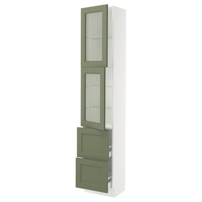 SEKTION / MAXIMERA Gabinete alto+2 puertas vidrio/2 cj, blanco/Axstad gris-verde, 18x15x90 "