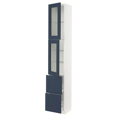 SEKTION / MAXIMERA Gabinete alto+2 puertas vidrio/2 cj, blanco Axstad/mate azul, 15x15x90 "