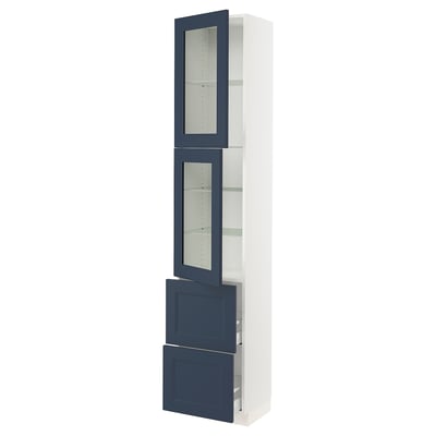 SEKTION / MAXIMERA Gabinete alto+2 puertas vidrio/2 cj, blanco Axstad/mate azul, 18x15x90 "