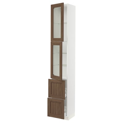 SEKTION / MAXIMERA Gabinete alto+2 puertas vidrio/2 cj, blanco Enköping/marrón efecto de nogal, 15x15x90 "