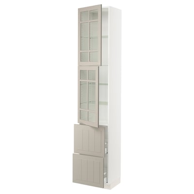 SEKTION / MAXIMERA Gabinete alto+2 puertas vidrio/2 cj, blanco/Stensund beige, 18x15x90 "